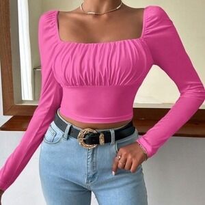 Crop Top‎ Womens XS Pink Ruched Bust Ribbed Square Neck Y2K Coquette Kawaii